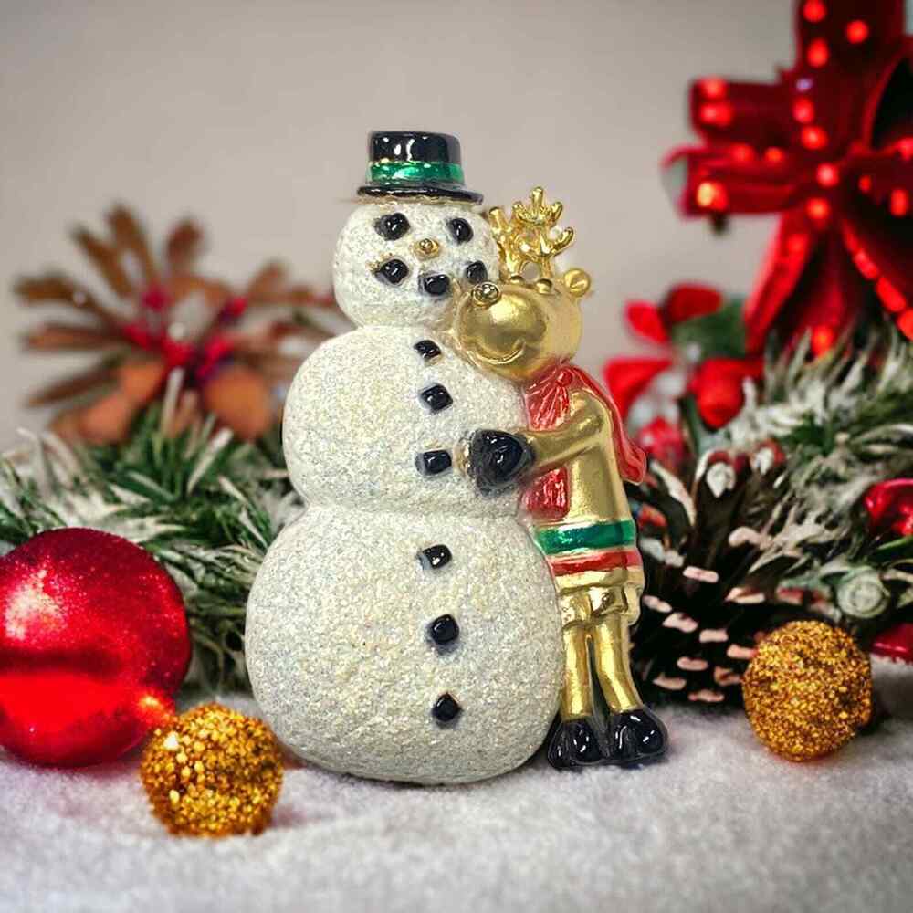 Vintage Signed AJC Gold Plated / Enamel Snowman Reindeer holiday Brooch Pin